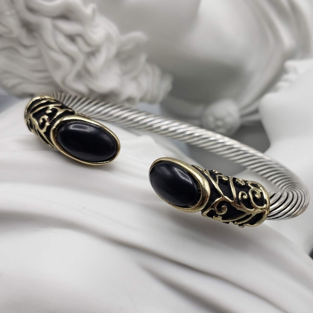 Silver & Gold w/ Black Cabachon Cable Cuff Bracelet - Abstract Industrial Modern